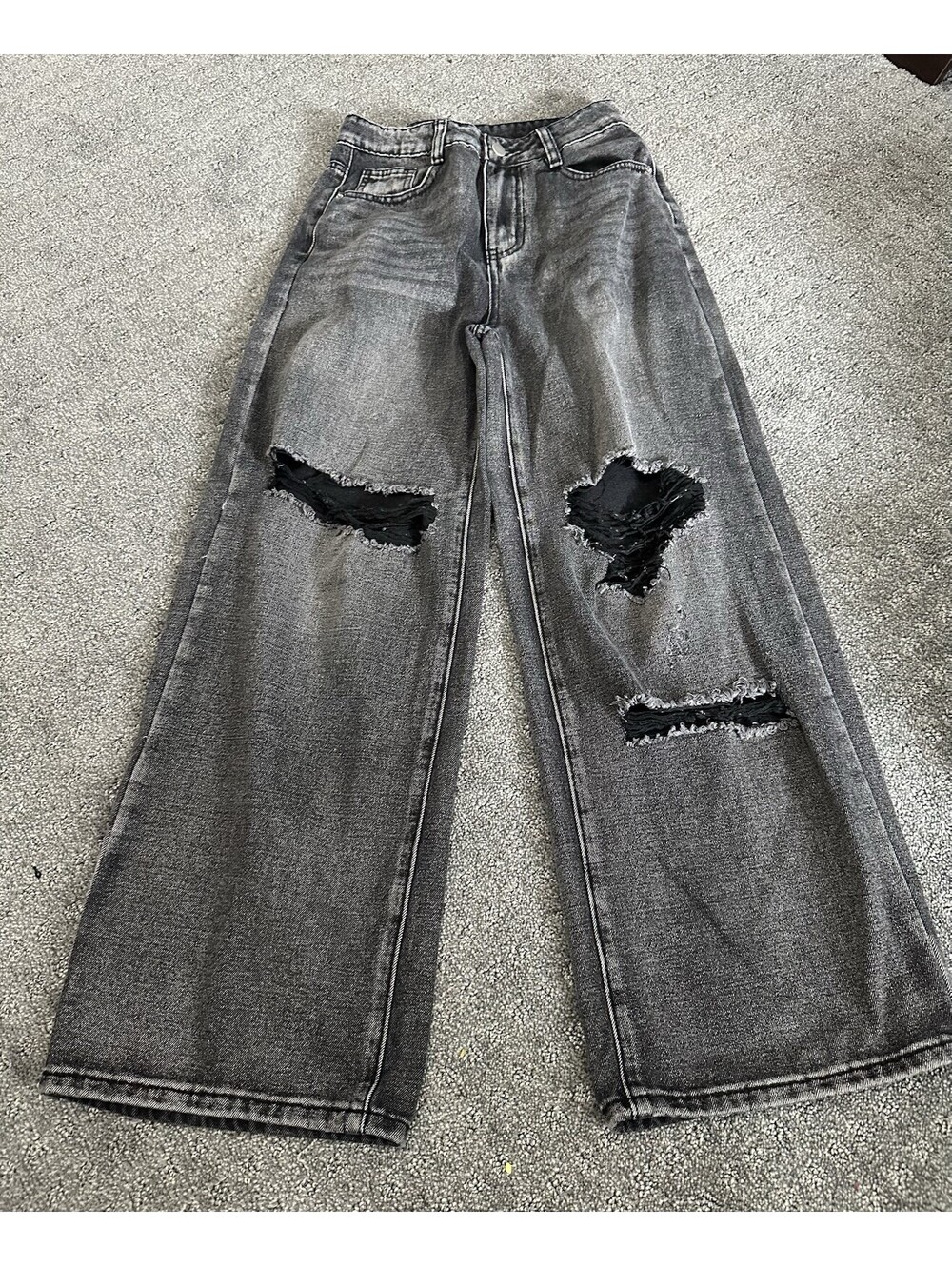 Women’s Gray Dark Wash Distressed Wide-Leg Denim 5-Pocket Button Jeans